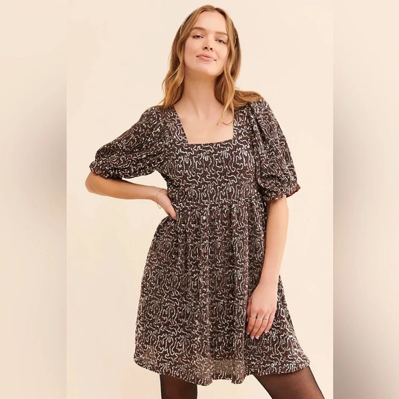 MOON RIVER by ANTHROPOLOGIE Sequin Babydoll Mini Dress in Brown - Picture 1 of 10